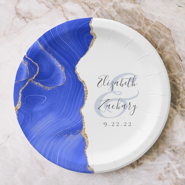 Agate Geode Script Royal Blue Gold Wedding Paper Plates (Creator Uploaded)