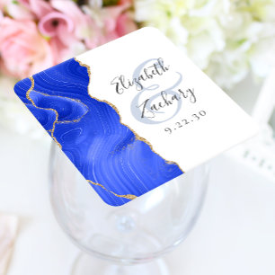 Agate Geode Script Royal Blue Gold Wedding Square Paper Coaster