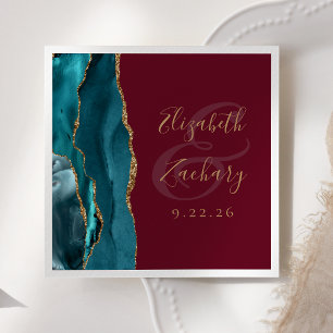 Agate Geode Script Teal Gold Burgundy Wedding Napkins