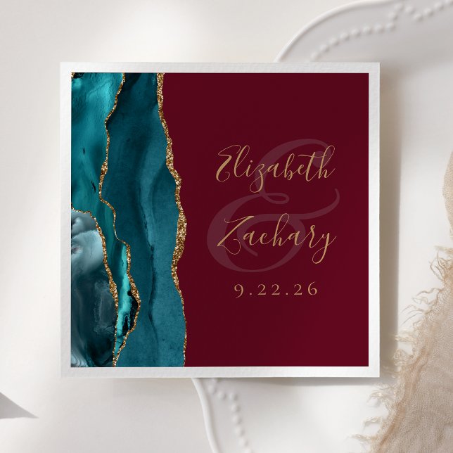 Agate Geode Script Teal Gold Burgundy Wedding Napkins (Creator Uploaded)