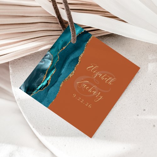 Agate Geode Script Teal Gold Burnt Orange Wedding Favor Tags