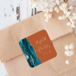 Agate Geode Script Teal Gold Burnt Orange Wedding Square Sticker<br><div class="desc">This elegant modern wedding sticker features a teal blue watercolor agate geode design trimmed with faux gold glitter. Easily customize the gold-colored text on a burnt orange background,  with the names of the bride and groom in handwriting calligraphy over a large ampersand.</div>