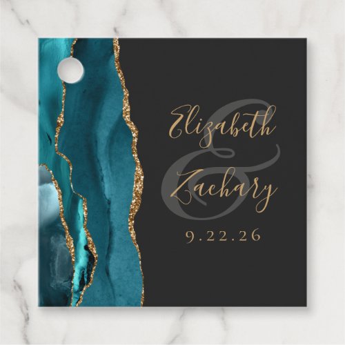 Agate Geode Script Teal Gold Dark Wedding Favor Tags