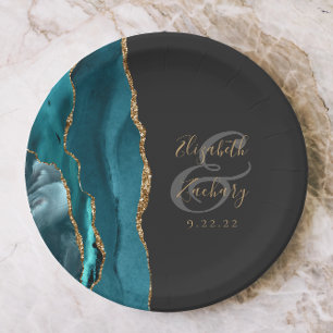 Agate Geode Script Teal Gold Dark Wedding Paper Plates