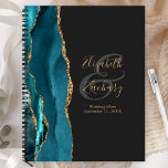 Agate Geode Script Teal Gold Dark Wedding Plans Planner<br><div class="desc">This elegant modern wedding planner features a teal blue watercolor design trimmed with faux gold glitter. Easily customize the gold-colored text on an off-black background, with the names of the bride and groom in handwriting calligraphy over a large, charcoal gray ampersand. Add the title and wedding date below in italics....</div>
