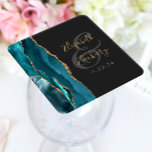 Agate Geode Script Teal Gold Dark Wedding Square Paper Coaster<br><div class="desc">This elegant modern wedding coaster features a teal watercolor agate geode design trimmed with faux gold glitter. Easily customize the gold colored text on a charcoal gray background,  with the names of the bride and groom in handwriting calligraphy over a large,  medium gray ampersand.</div>