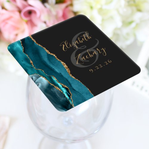 Agate Geode Script Teal Gold Dark Wedding Square Paper Coaster