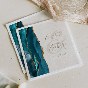 Agate Geode Script Teal Gold Ivory Wedding Napkins