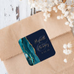 Agate Geode Script Teal Gold Navy Blue Wedding Square Sticker<br><div class="desc">This elegant modern wedding sticker features a teal blue watercolor agate geode design trimmed with faux gold glitter. Easily customize the gold-colored text on a navy blue background,  with the names of the bride and groom in handwriting calligraphy over a large ampersand.</div>