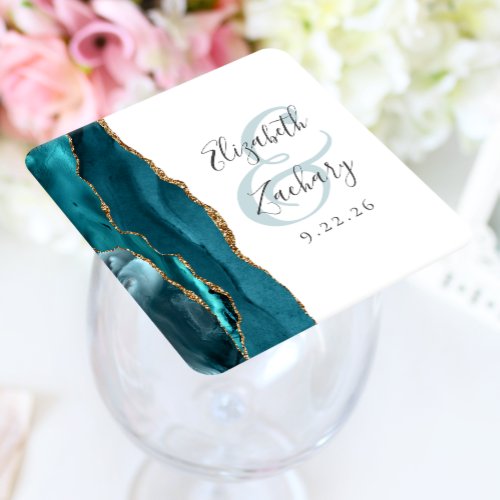 Agate Geode Script Teal Gold Wedding Square Paper Coaster