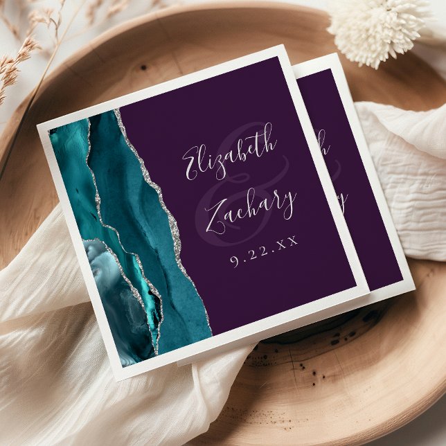 Agate Geode Script Teal Silver Purple Wedding Napkins (Creator Uploaded)
