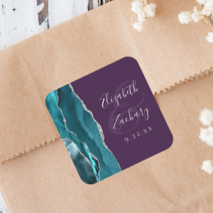 Agate Geode Script Teal Silver Purple Wedding Square Sticker