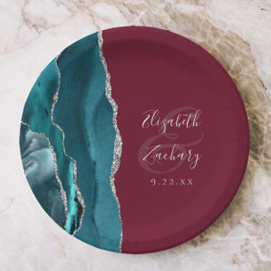 Agate Geode Silver Script Burgundy Wedding Paper Plates