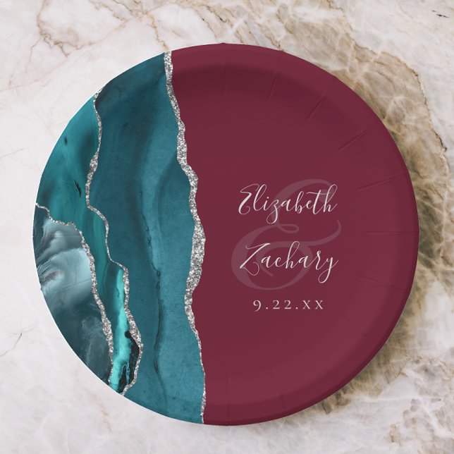 Agate Geode Silver Script Burgundy Wedding Paper Plates (Creator Uploaded)