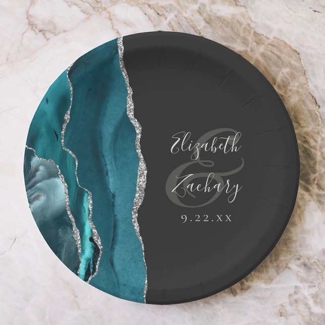 Agate Geode Silver Script Dark Wedding Paper Plates (Creator Uploaded)