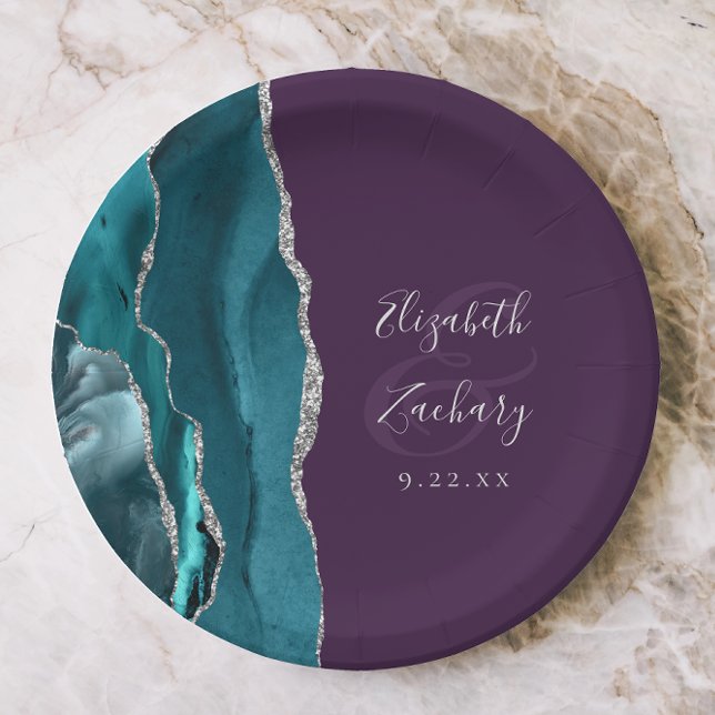 Agate Geode Silver Script Purple Wedding Paper Plates (Creator Uploaded)
