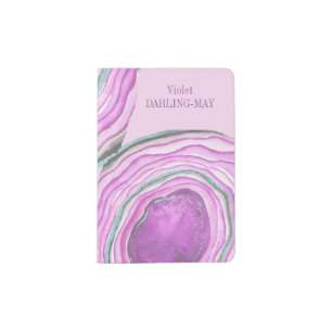 Agate Geode Slices Pink Aqua Purple - Custom Name Passport Holder