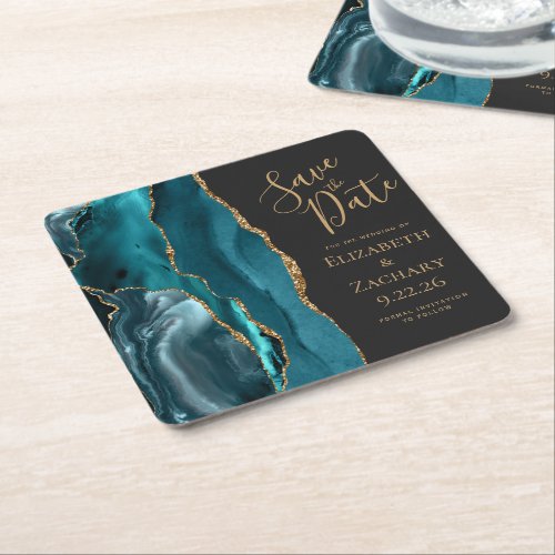 Agate Geode Teal Blue Gold Dark Save the Date Square Paper Coaster