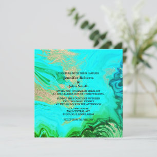 Agate Geode Teal Blue Green Gold Glitter Wedding Invitation