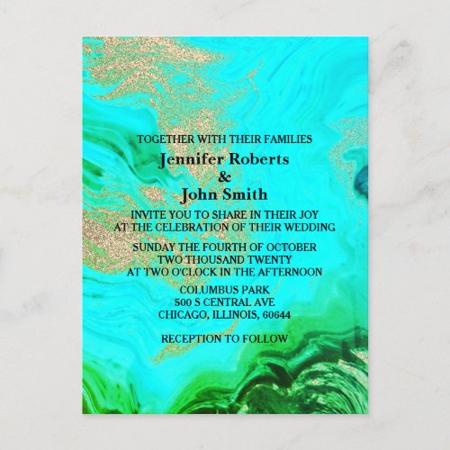Agate Geode Teal Blue Green Gold Glitter Wedding Invitation Postcard