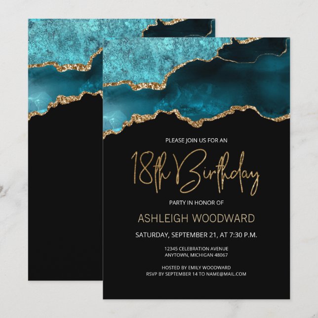 Agate Geode Teal Gold 18th Birthday Party Invitation (Front/Back)