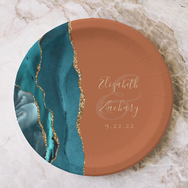 Agate Geode Teal Gold Burnt Orange Wedding Paper Plates (Creator Uploaded)