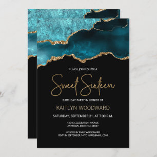 Agate Geode Teal Gold Dark Sweet 16 Birthday Party Invitation