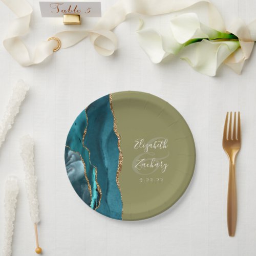 Agate Geode Teal Gold Olive Green Wedding Paper Plates