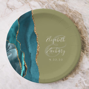 Agate Geode Teal Gold Olive Green Wedding Paper Plates