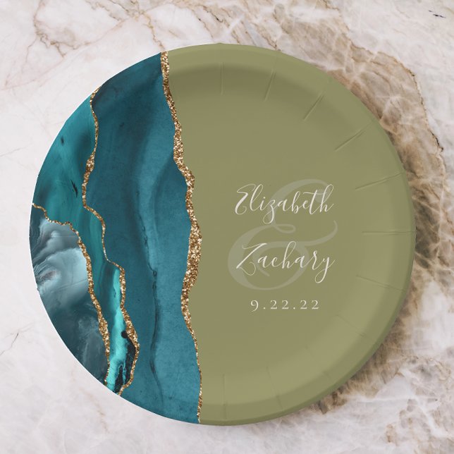 Agate Geode Teal Gold Olive Green Wedding Paper Plates (Creator Uploaded)