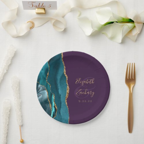 Agate Geode Teal Gold Purple Wedding Paper Plates