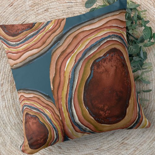 Agate Geode Watercolor Pattern _ Blue Clay Ochre Throw Pillow