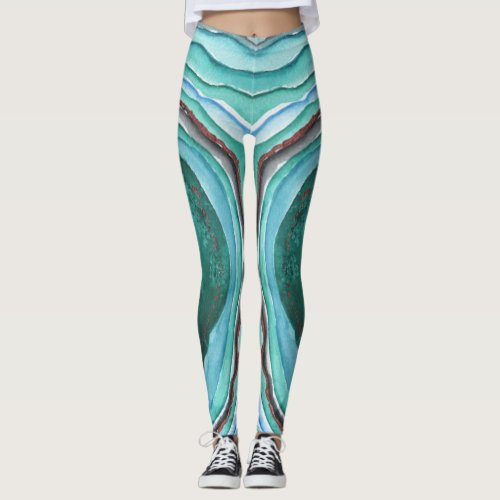 Agate Geode Watercolor Pattern _ Blue Green Aqua Leggings