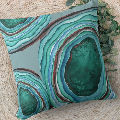Agate Geode Watercolor Pattern _ Blue Green Gray Throw Pillow