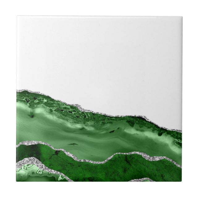 Agate Glamorous Emerald Green Silver Glitter Ceramic Tile (Front)