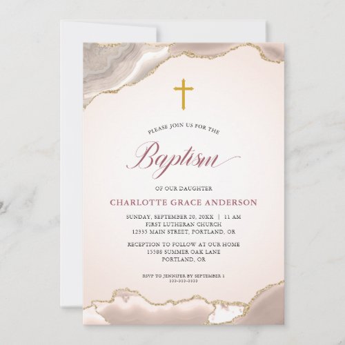 Agate Gold Glitter Script Baby Girl Baptism Invitation
