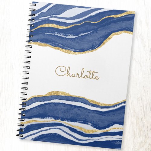 Agate Gold Glitter Watercolor Personalized Blue Notebook