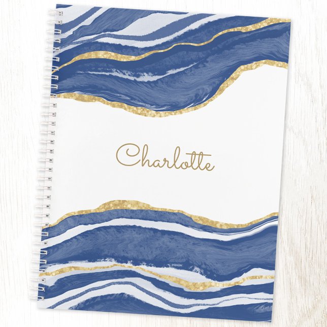 Agate Gold Glitter Watercolor Personalized Blue Notebook (Personalized navy blue, gold and white agate notebook with choice of cover and interior)
