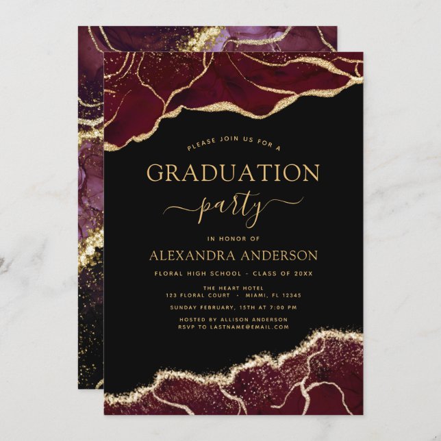 Agate Graduation Class of 2022 Burgundy Gold Invit Invitation (Front/Back)