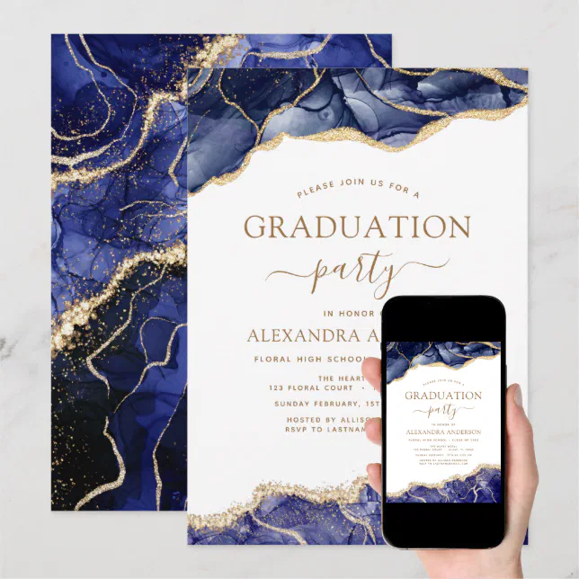 Agate Graduation Class of 2022 Navy Blue Gold Invi Invitation | Zazzle