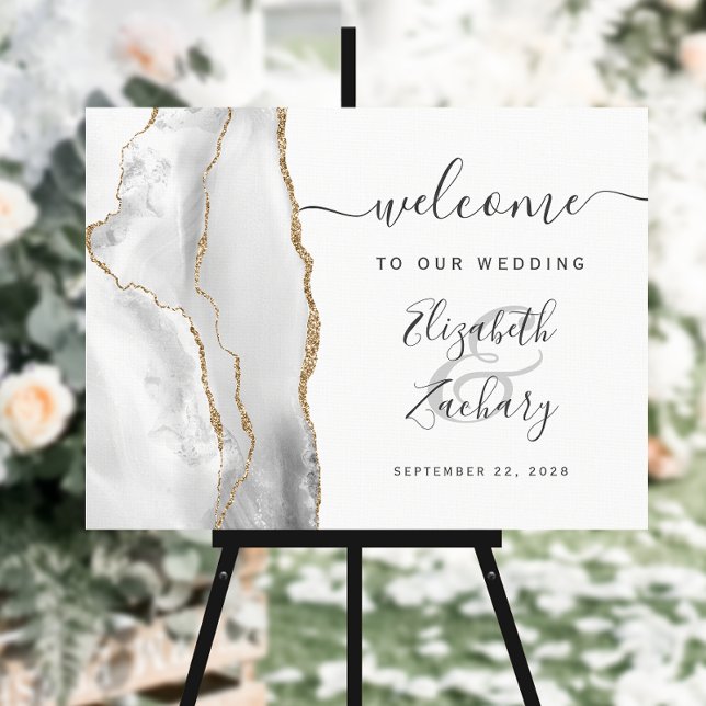 Agate Gray Gold Script Wedding Welcome Foam Board (Creator Uploaded)