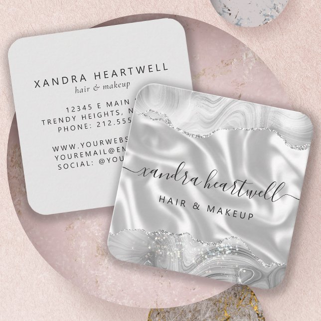 Agate Gray Silver Glitter Luxury Rounded Corners Square Business Card (Creator Uploaded)