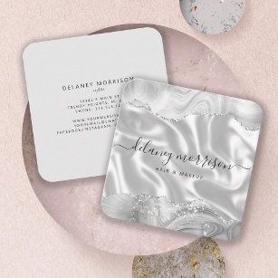 Agate Gray Silver Glitter Luxury Rounded Corners Square Business Card