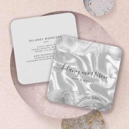 Agate Gray Silver Glitter Luxury Rounded Corners Square Business Card