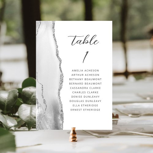 Agate Gray Silver Modern Script Wedding Table Number