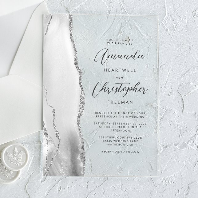 Agate Gray Silver Script Wedding Acrylic Invitations (Creator Uploaded)