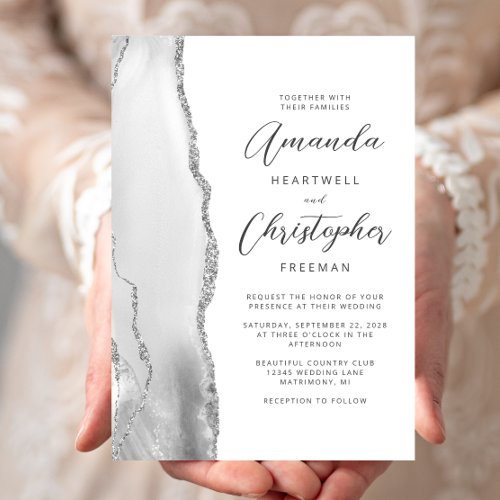 Agate Gray Silver Script Wedding Invitation