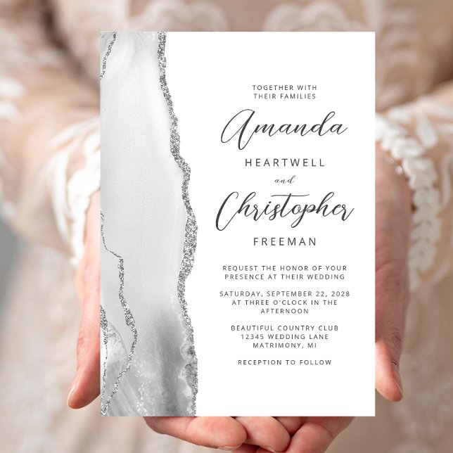 Agate Gray Silver Script Wedding Invitation (Creator Uploaded)