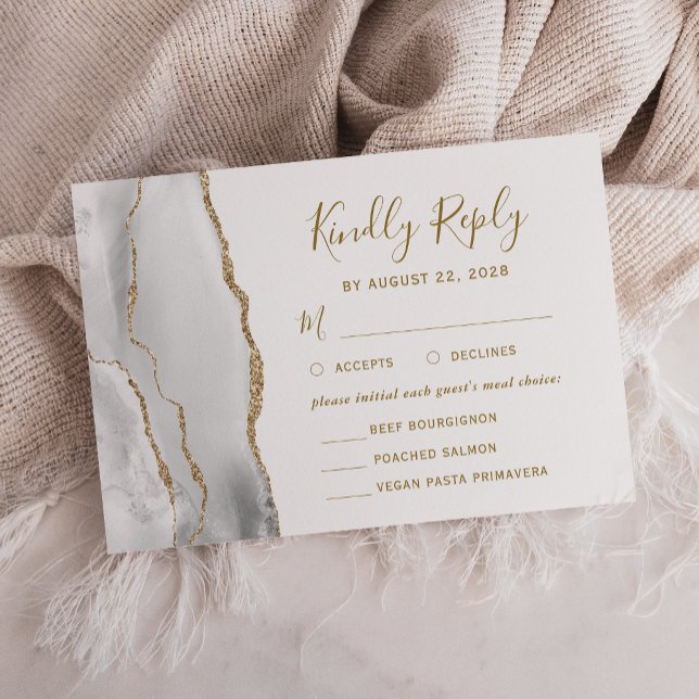 Agate Gray White Gold Meal Options Wedding RSVP Card (Creator Uploaded)