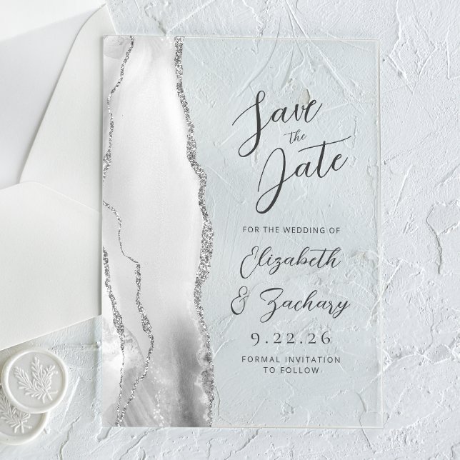 Agate Gray White Silver Modern Script Wedding Acrylic Invitations (Creator Uploaded)